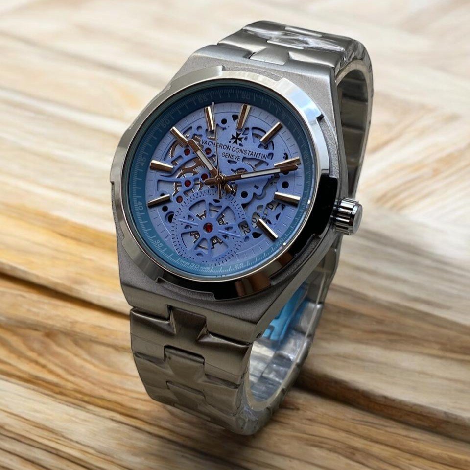 Men's Luxury Skeleton Automatic Watch | Ice Blue Dial | Stainless Steel Chain 